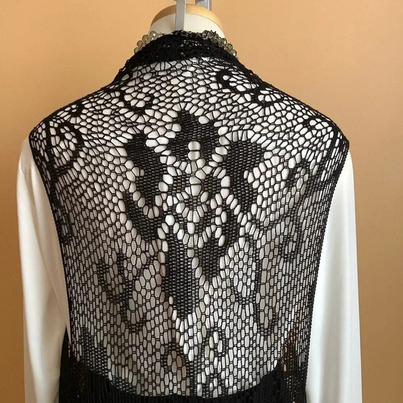 CREAM Black Mesh Fringed Lace Coverup OS - Picture 5 of 15